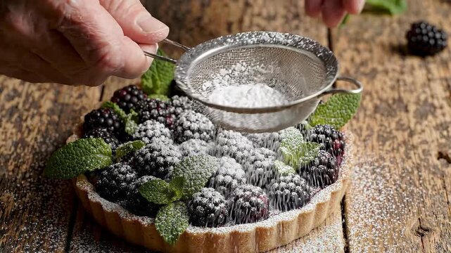 4K Macro Close Up of Pastry Chef Sifting Powdered Sugar over Fresh Blackberries