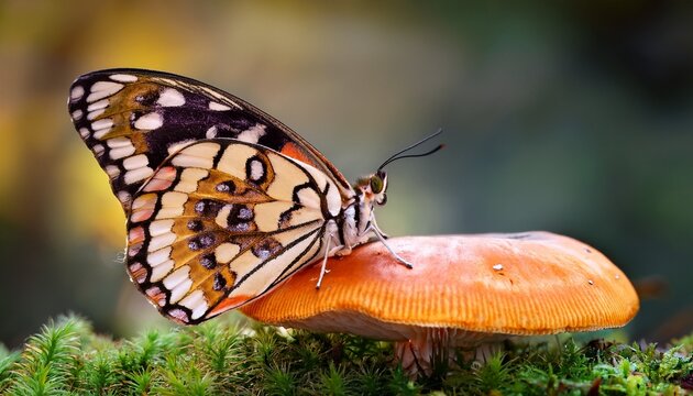 feline butterfly hybrid resting on forest mushroom