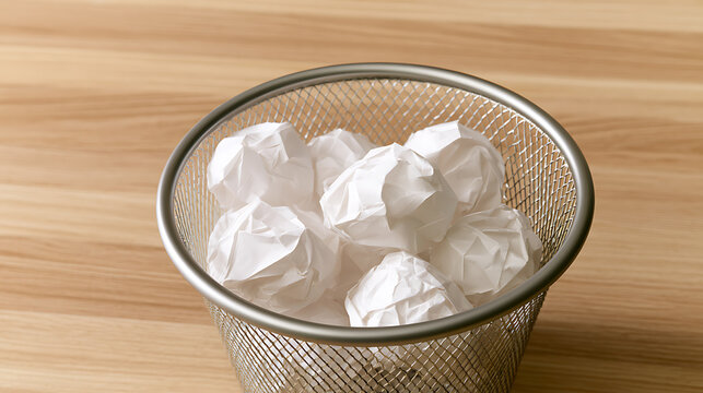 Desktop waste bin full of crumpled white paper balls, a symbol of mistakes, failure, rejection, or creative blockage on a wood surface