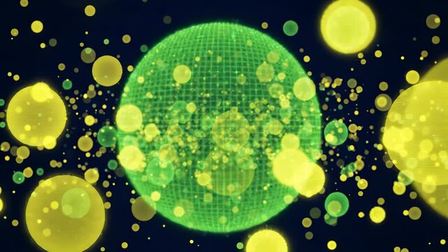 Abstract background with glowing yellow and green spheres and digital grid patterns