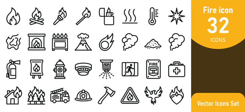 Fire safety and wilderness survival icon set 32 vector graphics for emergency preparedness