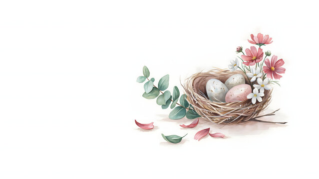 Watercolor nest with pastel easter eggs and pink flowers isolated on a transparent background