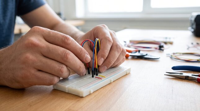 Hands carefully inserting colorful jumper wires into a white electronic breadboard on a desk