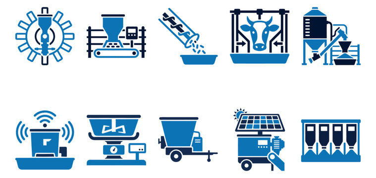 Set of modern agricultural smart farming icons showing automated machinery and livestock feeding systems Minimal solid fill icon set bundle collection. Editable Vector Illustration Mega pack