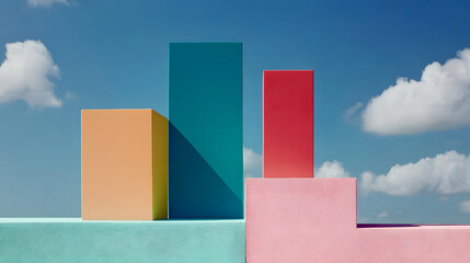 Obraz premium Minimalist Architectural Geometric Blocks with Colorful Pastels Abstract Podium Display Background under Blue Sky