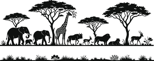 African safari silhouette majestic wildlife scene with elephants giraffe lions and savannah trees © Graphix Hub