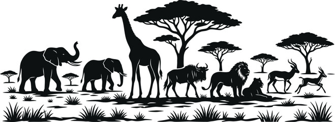 African safari wildlife silhouette elephants giraffe lions and antelope in savannah landscape © Graphix Hub