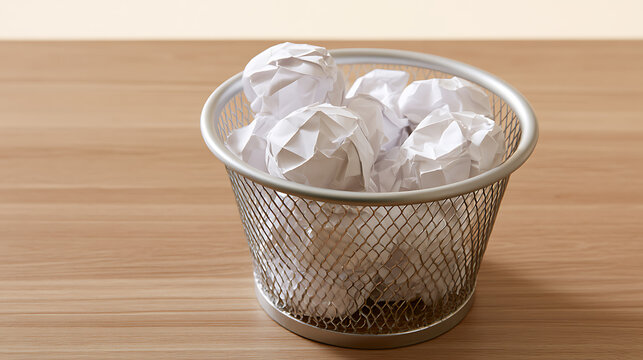 A small wire mesh waste basket filled with crumpled white paper balls on a light brown wooden desk, representing frustration, ideas, and discard