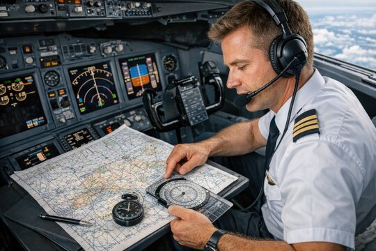 A pilot examines a map in the cockpit, preparing for flight