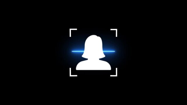 Woman icon scan animation showing futuristic face detection and people identification in minimal flat neon style.