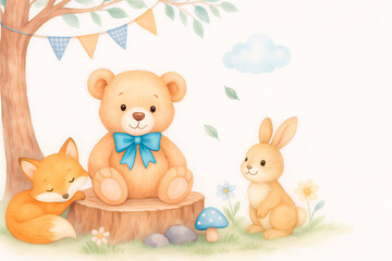 Obraz premium Cute Woodland Teddy Bear with Sleeping Fox and Bunny, Watercolor Nursery Illustration with Copy Space