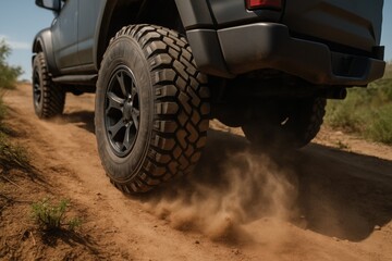 Fototapeta premium Rugged off-road vehicle wheel kicking up dust on a sunlit dirt road, conveying adventure, power, and exploration. Ideal for automotive, travel, and outdoor lifestyle concepts.