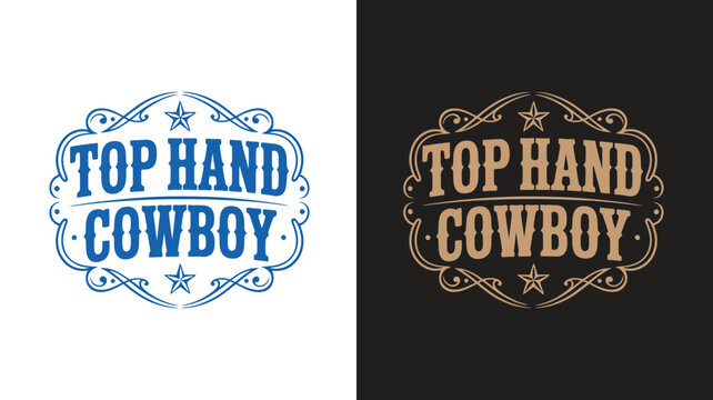 Tophand cowboy western belt buckle emblem featuring vintage rodeo tag label, ornamental decorative elements, and rustic badge design.