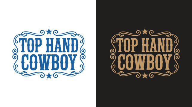 Tophand cowboy western belt buckle emblem featuring vintage rodeo tag label, ornamental decorative elements, and rustic badge design.