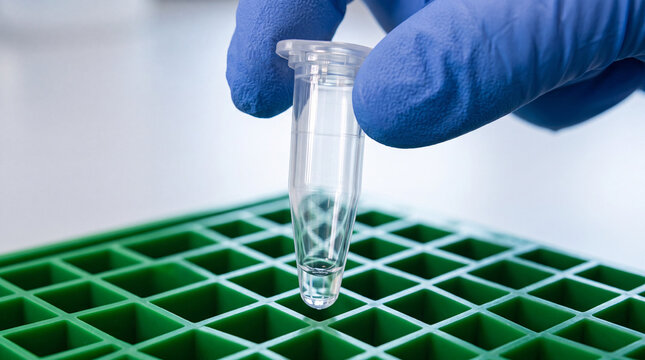 High-Tech Molecular Biology Laboratory Scene with Gloved Hand Placing PCR Microtube into Real-Time PCR Thermal Cycler