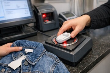 Fototapeta premium Person operating industrial machinery, pressing button for process control