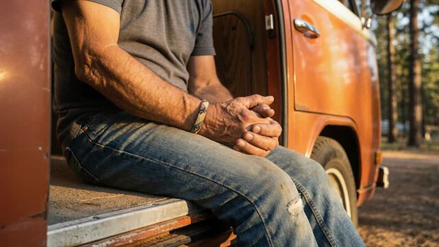 Man sits on the step of a vintage camper van. Traveler resting during a road trip in nature. Lifestyle adventure in a motorhome at sunset near pine forest.