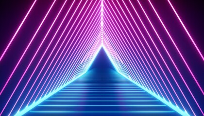 Obraz premium abstract neon geometric tunnel with glowing blue and pink triangular shapes forming a futuristic 3d corridor digital art concept for tech presentations music festival visuals or modern architecture