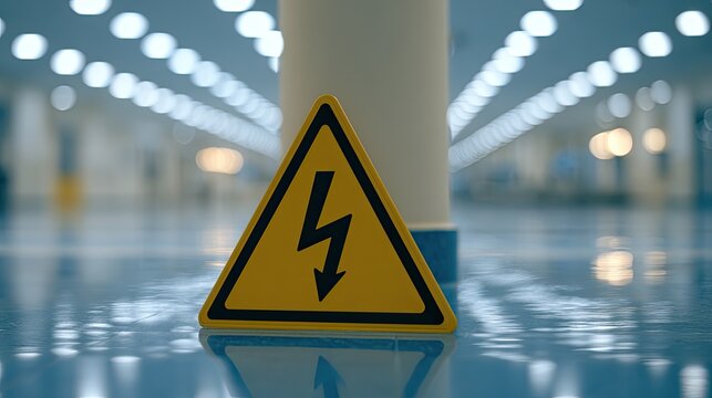 Yellow triangle with black lightning bolt symbol on shiny blue floor