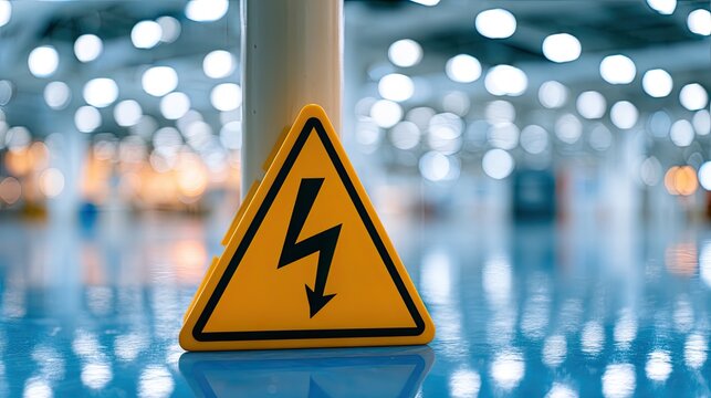 Yellow hazard triangle with black lightning bolt on blue floor