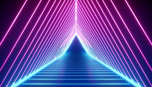 abstract neon geometric tunnel with glowing blue and pink triangular shapes forming a futuristic 3d corridor digital art concept for tech presentations music festival visuals or modern architecture