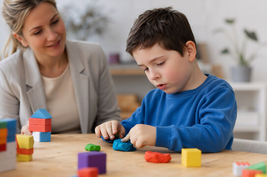 Boy playing with clay and blocks under teacher supervision. Educational therapy session for child development. Learning activity for sensory integration in specialized clinic.