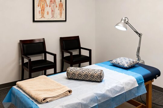 Empty medical examination room with treatment table