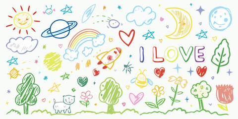 Vibrant Hand-Drawn Crayon Art Illustration Featuring Playful Doodles of Sun, Rainbow, Hearts, Trees, and Animals on a White Background for Creative Childhood Projects