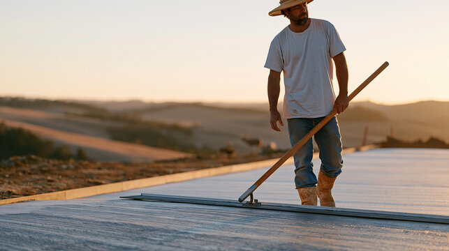 Concrete construction worker in a quiet rural field overseeing a residential slab pour, the single professional standing at the edge of freshly leveled concrete with a screed