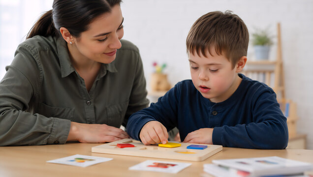 Woman therapist helping a boy with playing with a matching shapes puzzle. Developmental therapy session for child education, cognitive skills training and inclusive support.