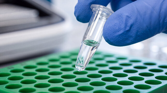Realistic Close-Up of Laboratory Technician Loading PCR Tube into Green Holder Inside Advanced DNA Testing DNA testing machine