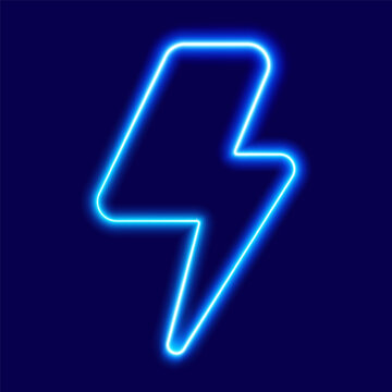 Blue neon lightning bolt, with rounded edges, vector illustration.