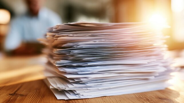 Towering stack of documents on wooden table, backlit by warm sunlight