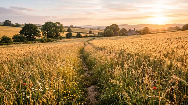 Golden wheat field path glowing under a warm sunset summer sky