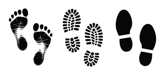 Footprint icons with bare foot boot print and shoe sole impressions for walking trails ©  