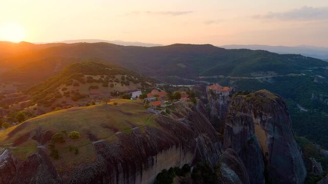 Meteora, Kalabaka, Greece. Monastery of the Transfiguration of the Saviour. Meteora - rocks, up to 600 meters high. There are 6 active Greek Orthodox monasteries listed on the UNESCO list. Drone foot