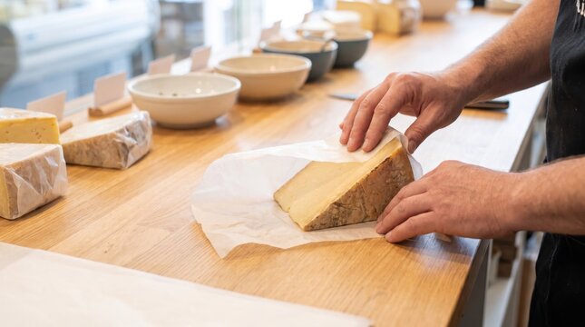 Cheesemonger hands wrapping a large triangular wedge of aged cheese in white paper on a counter