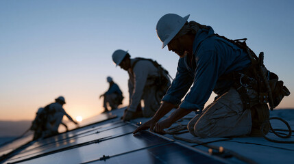Fototapeta premium Solar roofing installation crew working at twilight blue hour on a residential rooftop, a multicultural team of technicians securing panels as the sky deepens to indigo behind