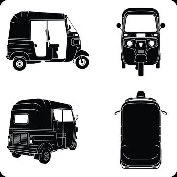 Set of auto rickshaw silhouettes, tuktuk icons in different views, vector illustration of threewheeled motorized vehicle