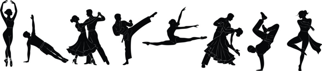 Diverse dance and martial arts silhouettes against a clean white background © NB_Visual_Work