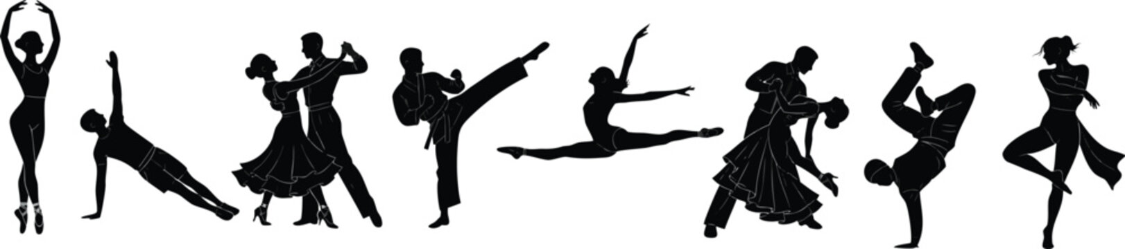 Diverse dance and martial arts silhouettes against a clean white background