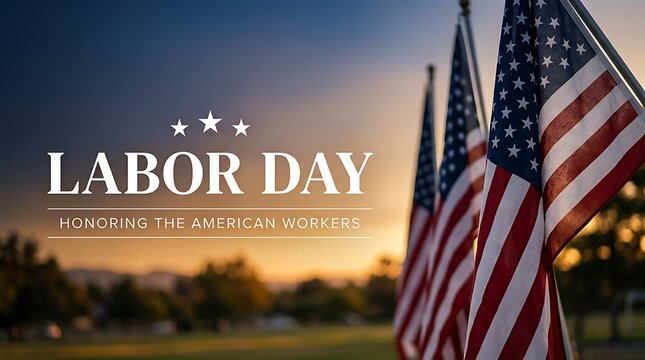 Labor day honoring the american workers with three american flags flying at sunset over a blurred park landscape background
