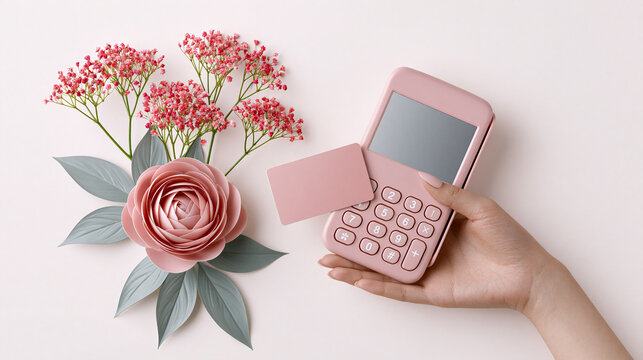 Hand holding pink credit card reader with flowers on white background  