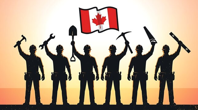 Silhouette of six construction workers holding various tools against a sunset background, with a waving, canadian flag in, the center of, the sky