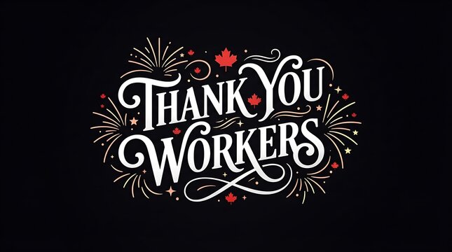 Thank you workers typography with canadian maple leaf accents and firework on a solid black background