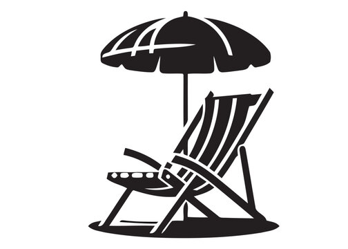 Minimalist black silhouette beach deck chair under sun umbrella for summer vacation holiday travel graphics and tourism icons