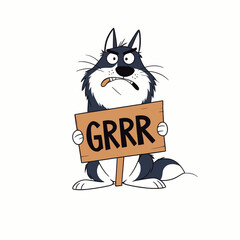 A cartoon husky holds a sign with a fierce expression. © Salvador