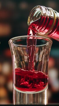 Pouring shot of red bitter, Cognac, whisky, Campari, Aperol, Cherry Vermouth Negroni, spanish wine drink, Alcoholic Americano Cocktail bitter, sweet vermouth and soda water, close up of making drink