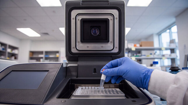 Cinematic Bokeh Laboratory Scene with Scientist Placing Microtubes into Green PCR Rack Inside Real-Time Thermal Cycler