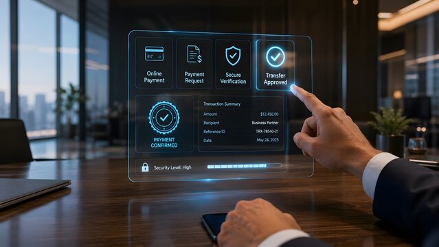 Secure online payment confirmation with digital transaction details on a holographic display